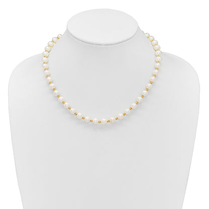 14K Yellow Gold 8-9mm Near-Round Freshwater Cultured Pearl and Diamond-cut Beaded 18 Inch Necklace