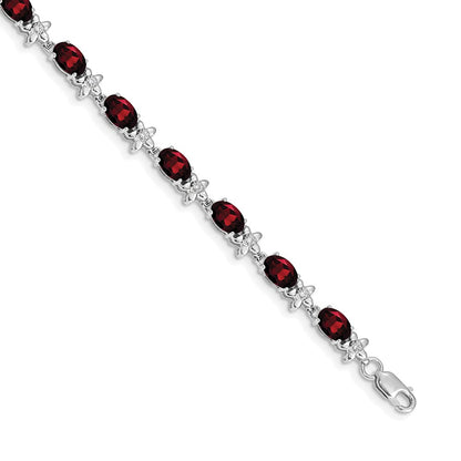 14K White Gold Complete Diamond and Oval Garnet Floral 7 Inch Bracelet