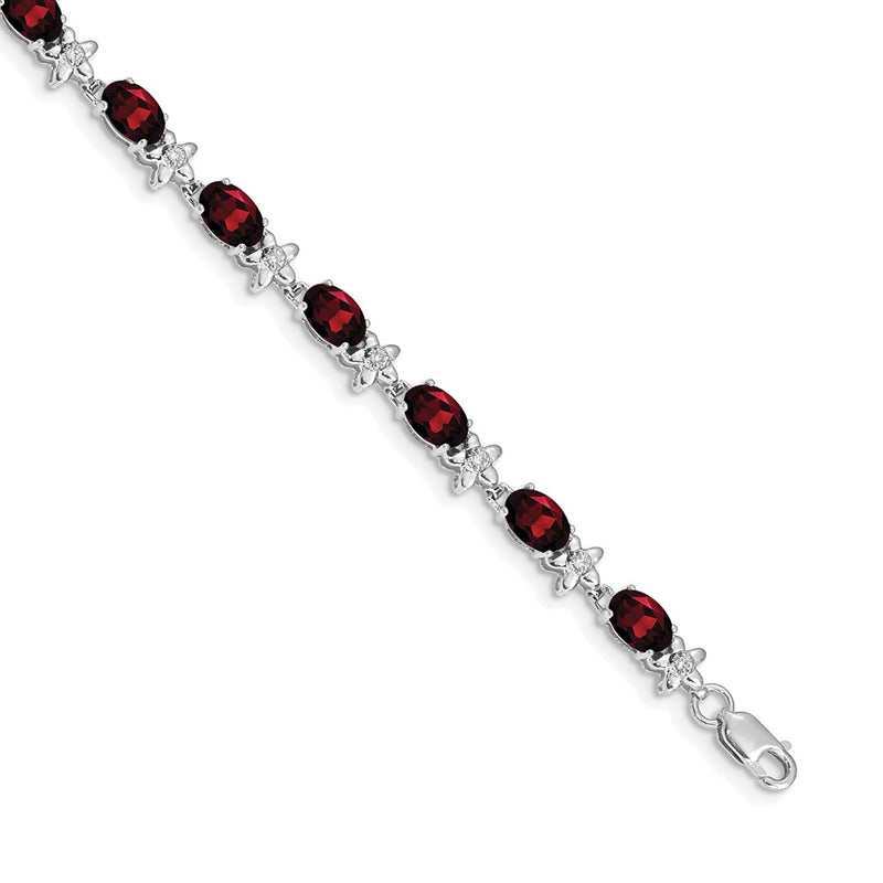 14K White Gold Complete Diamond and Oval Garnet Floral 7 Inch Bracelet