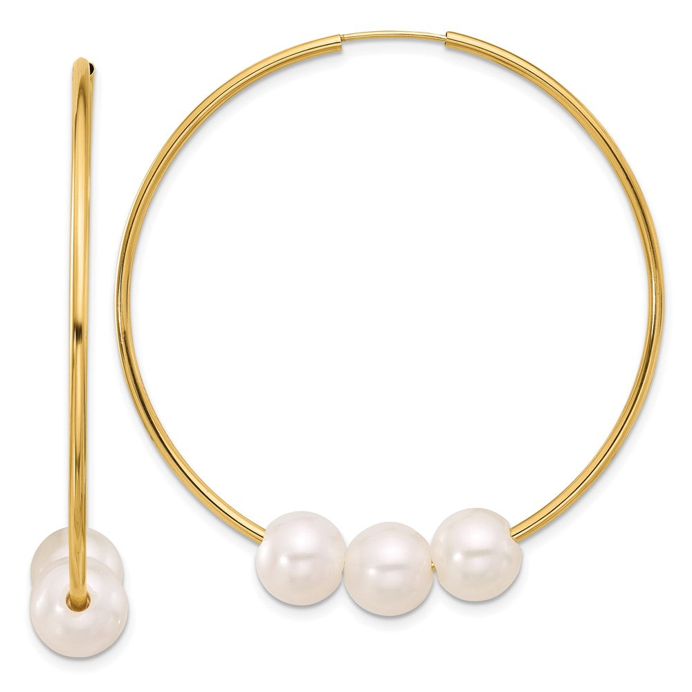 14K Yellow Gold 8-9mm Round Freshwater Cultured 3-Pearl Endless Hoop Earrings
