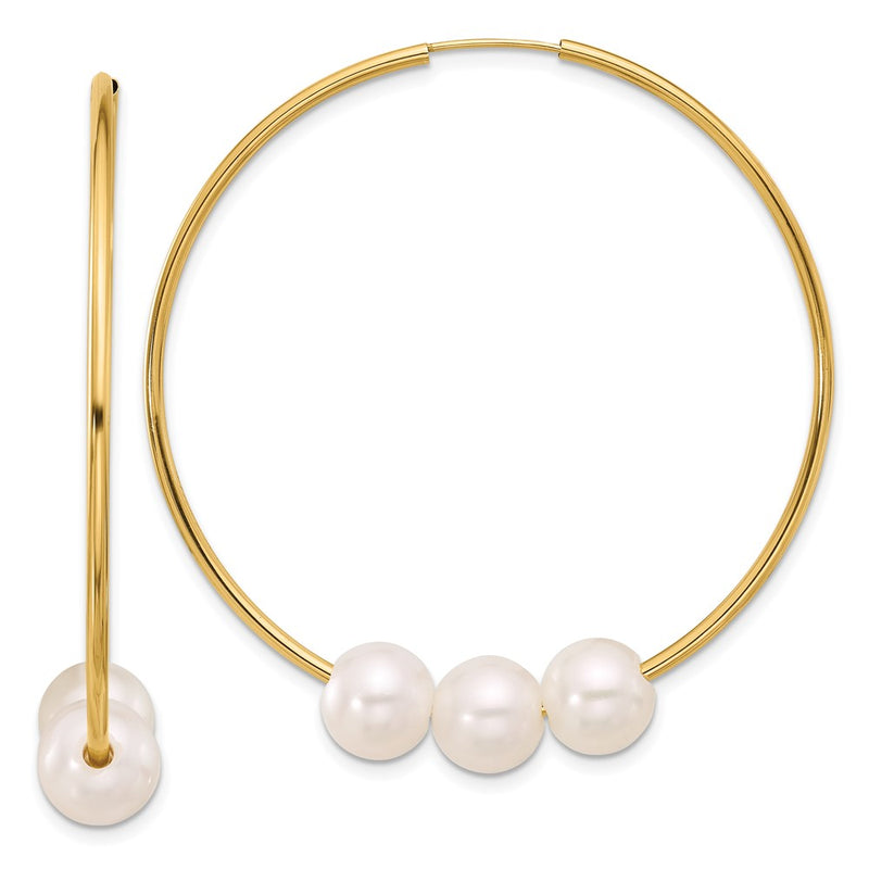 14K Yellow Gold 8-9mm Round Freshwater Cultured 3-Pearl Endless Hoop Earrings