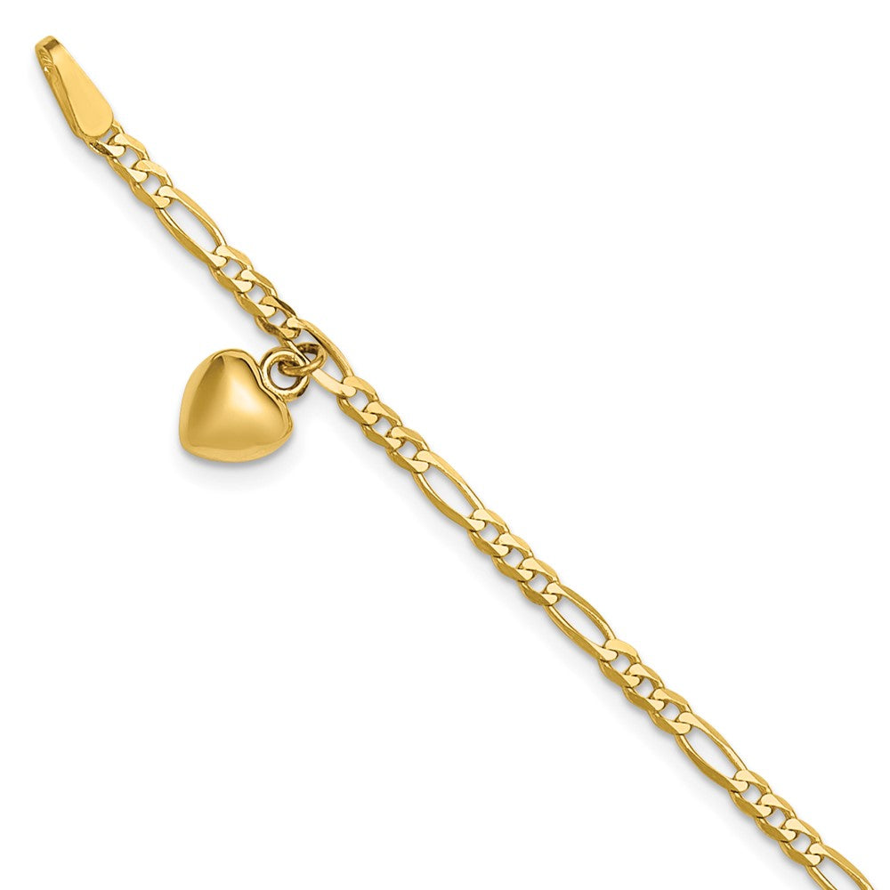 14K Yellow Gold Figaro Link Chain with Dangling Puffed Heart Anklet