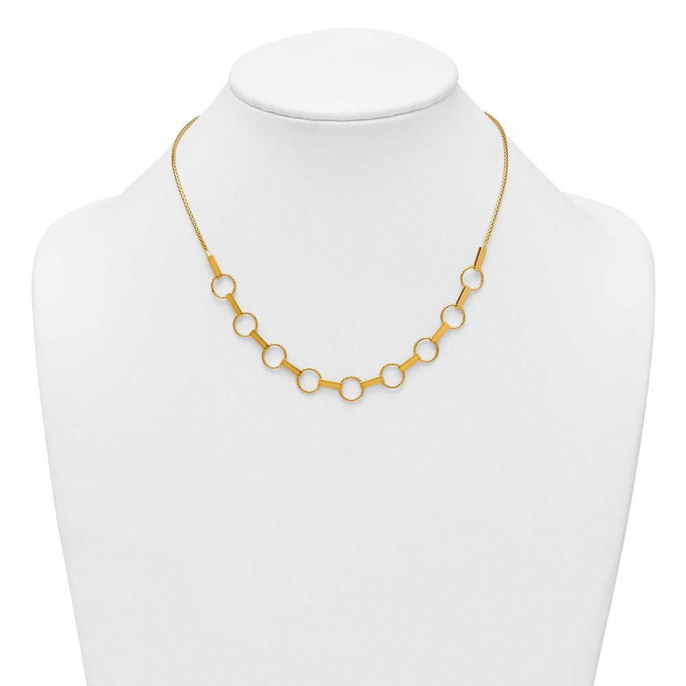 14K Yellow Gold Polished and Textured Circles and Bars 17.5 Inch Necklace