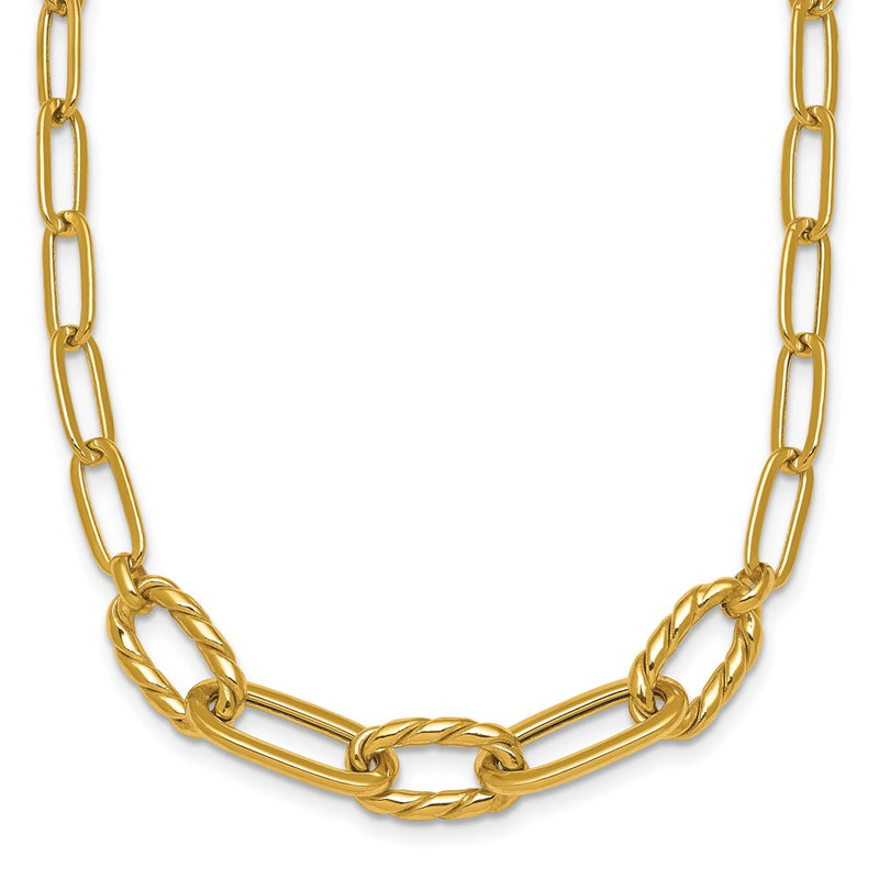 14K Yellow Gold Polished Fancy Oval and Twisted Link 18 Inch Paperclip Necklace