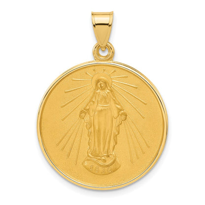 14K Yellow Gold Polished and Satin Solid Miraculous Medal Plain Back Round Pendant