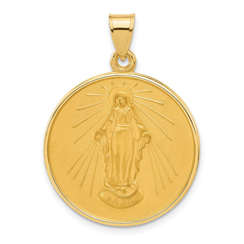 14K Yellow Gold Polished and Satin Solid Miraculous Medal Plain Back Round Pendant