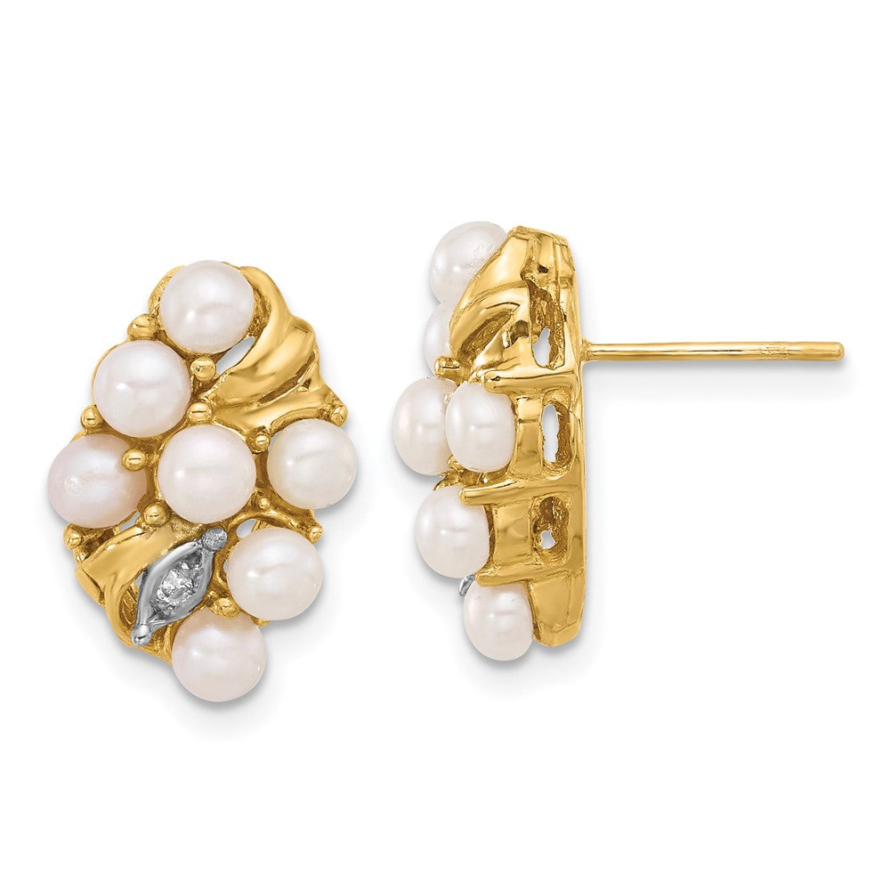 14K Yellow Gold 3-4mm Button Freshwater Cultured Pearl and .02 Carat Diamond Post Earrings