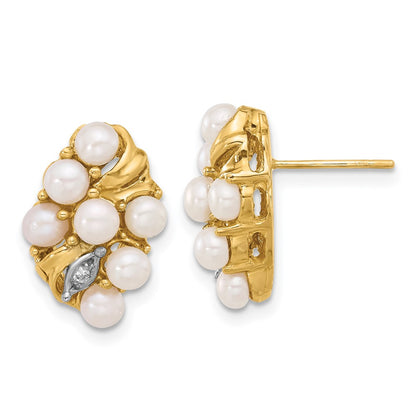 14K Yellow Gold 3-4mm Button Freshwater Cultured Pearl and .02 Carat Diamond Post Earrings