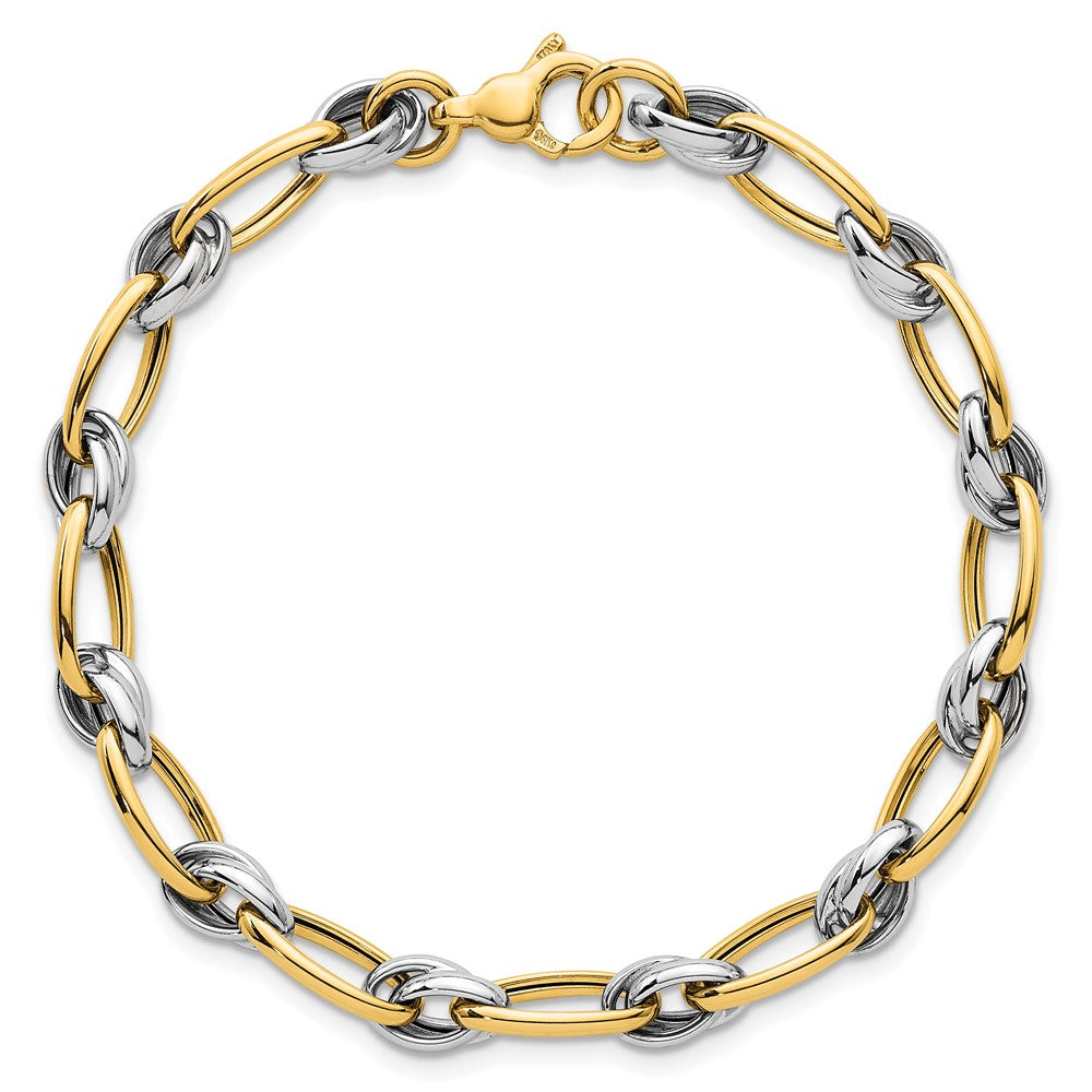 14K Two-Tone Gold Two-tone Polished 7mm Fancy Oval Chain 7.5 Inch Bracelet