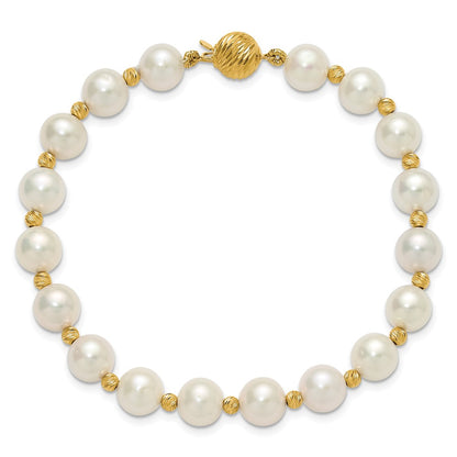 14K Yellow Gold 8-9mm Near-Round Freshwater Cultured Pearl and Diamond-cut Beaded 7.5 Inch Bracelet