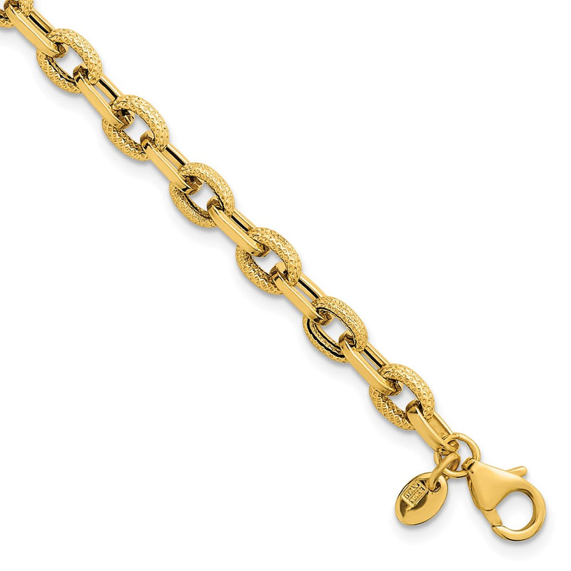 14K Yellow Gold Polished and Textured 4.9mm Fancy Cable Link 7.5 Inch Bracelet