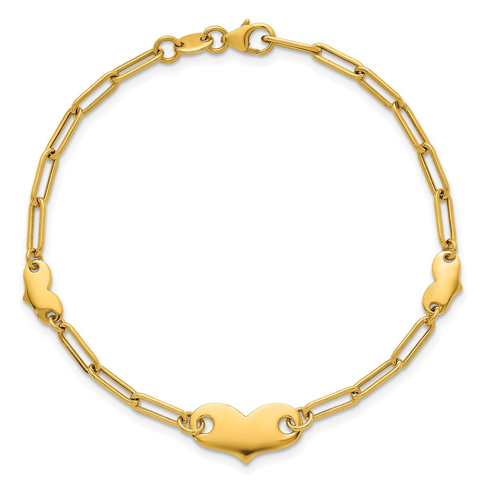 14K Yellow Gold Polished Paperclip Link With Three Hearts 7.5 Inch Bracelet
