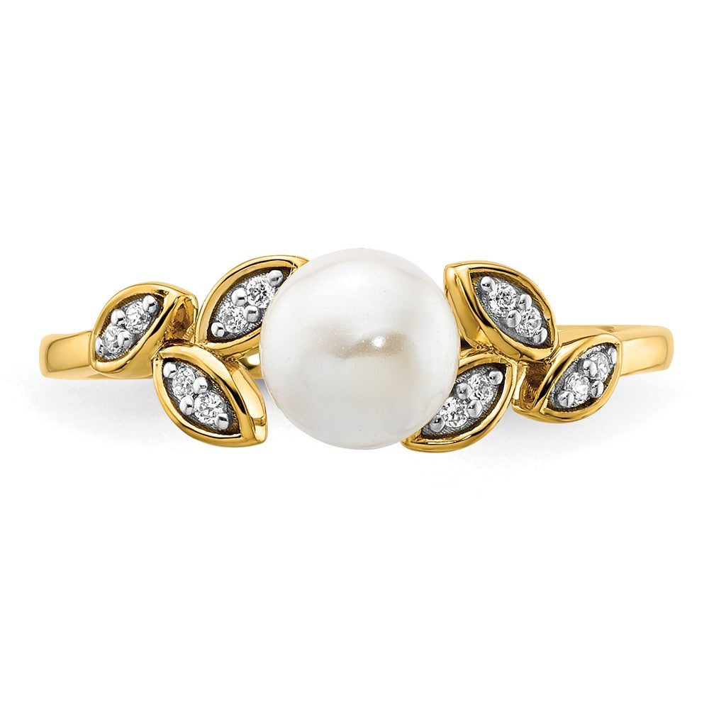 14K Yellow Gold Polished 1/20 carat Diamond and Freshwater Cultured Pearl Leaf Design Size 7 Ring