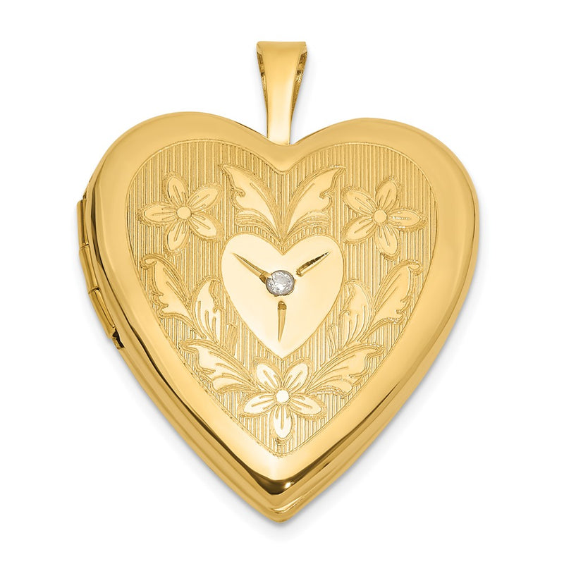 14K Yellow Gold Polished Floral Design Diamond Center 20mm Heart Locket