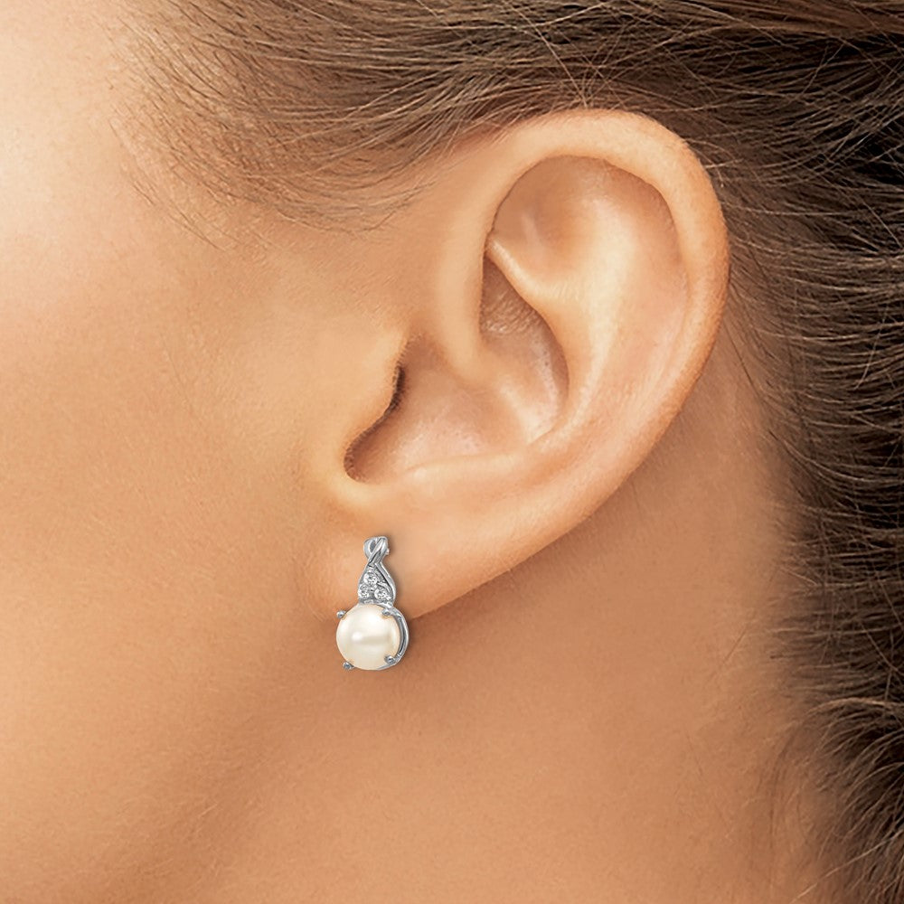 14K White Gold 6mm June/Freshwater Cultured Pearl and Diamond Post Earrings