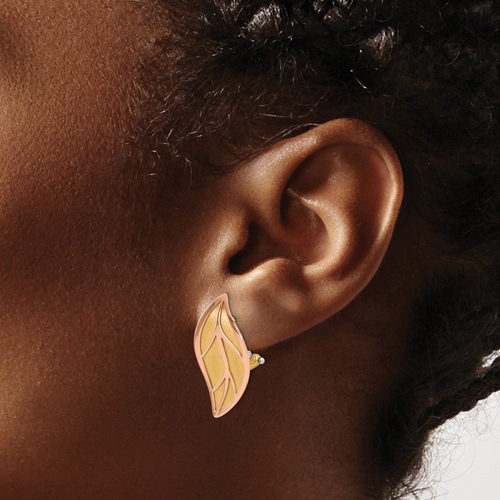 14K Two-Tone Gold Two-tone and Polished and Brushed Leaf Omega Back Post Earrings