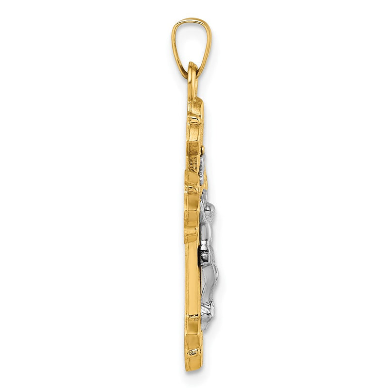 14K Yellow Gold with Rhodium Polished Fleur de Lis INRI Crucifix Cross Pendant