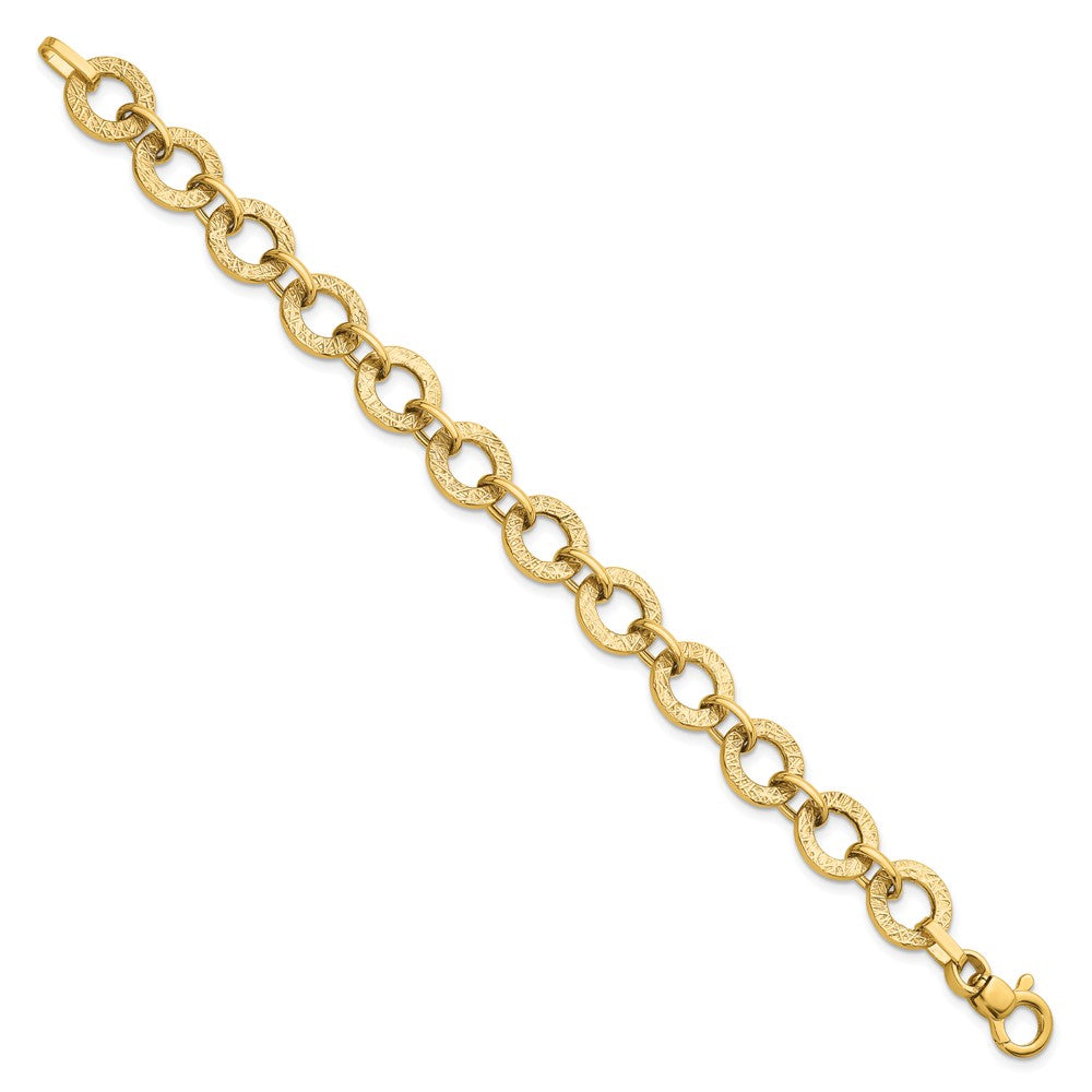 14K Yellow Gold Polished and Textured 12mm Fancy Round Link Chain Bracelet