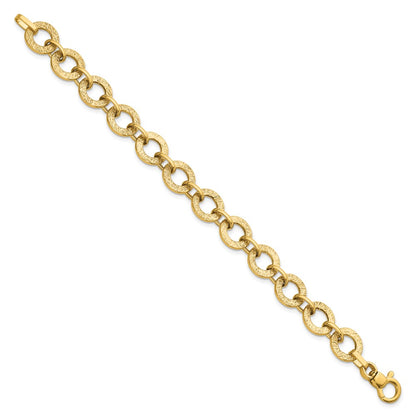14K Yellow Gold Polished and Textured 12mm Fancy Round Link Chain Bracelet