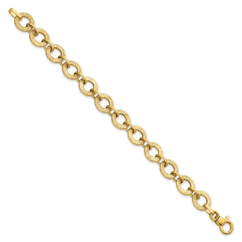 14K Yellow Gold Polished and Textured 12mm Fancy Round Link Chain Bracelet
