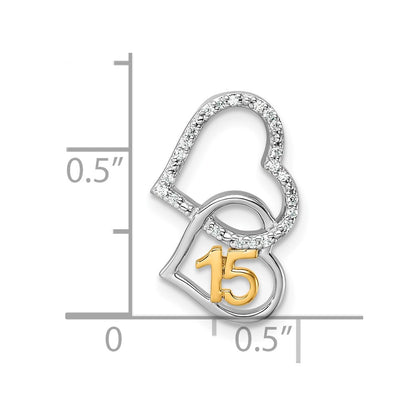 14K Two-Tone Gold Two-tone Polished 1/15 carat Diamond Quinceanera 15 Double Heart Chain Slide