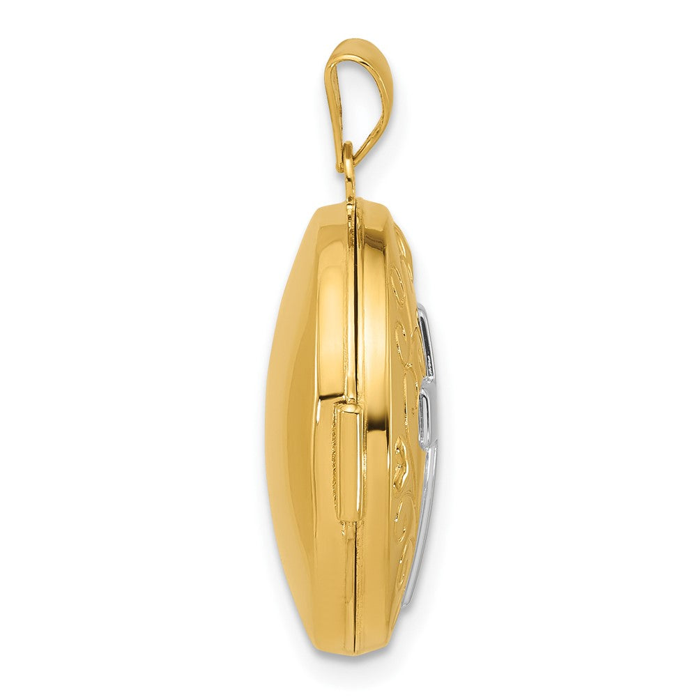 14K Yellow Gold and Rhodium Half Point Diamond Polished Cross 20mm Round Locket