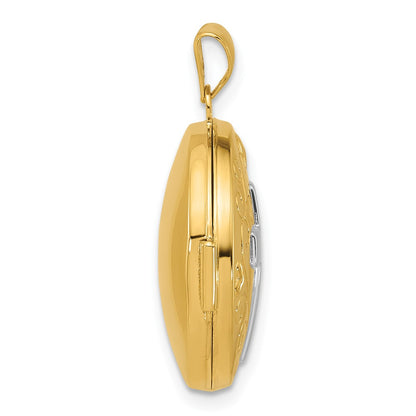 14K Yellow Gold and Rhodium Half Point Diamond Polished Cross 20mm Round Locket