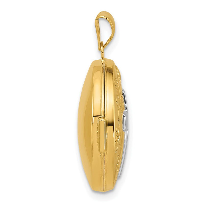 14K Yellow Gold and Rhodium Half Point Diamond Polished Cross 20mm Round Locket