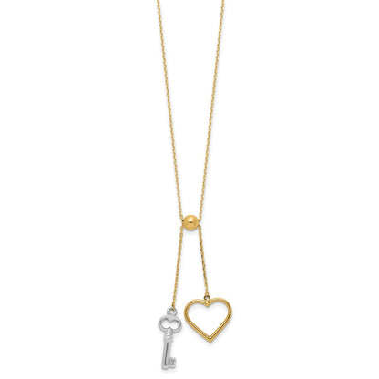 14K Two-Tone Gold Two-tone Polished Adjustable-Dangle Heart and Key 17 Inch Lariat Necklace