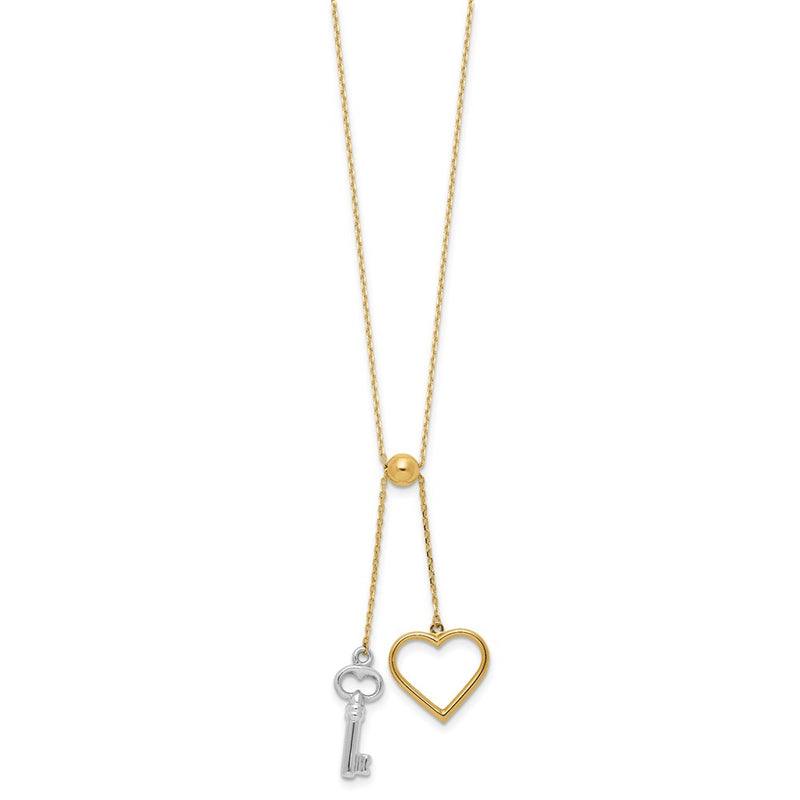 14K Two-Tone Gold Two-tone Polished Adjustable-Dangle Heart and Key 17 Inch Lariat Necklace