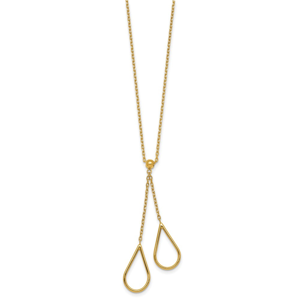 14K Yellow Gold Polished Two Teardrops Dangle 16 Inch Y-Necklace Plus 2 Inch Extender