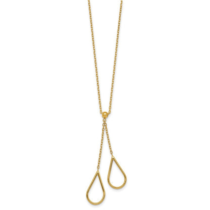 14K Yellow Gold Polished Two Teardrops Dangle 16 Inch Y-Necklace Plus 2 Inch Extender
