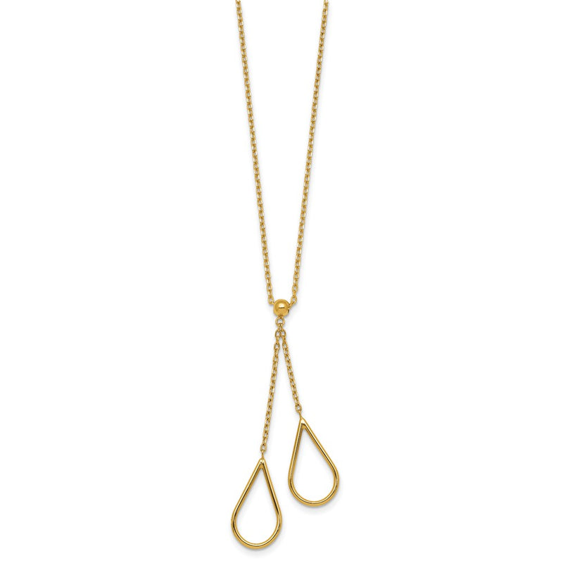 14K Yellow Gold Polished Two Teardrops Dangle 16 Inch Y-Necklace Plus 2 Inch Extender