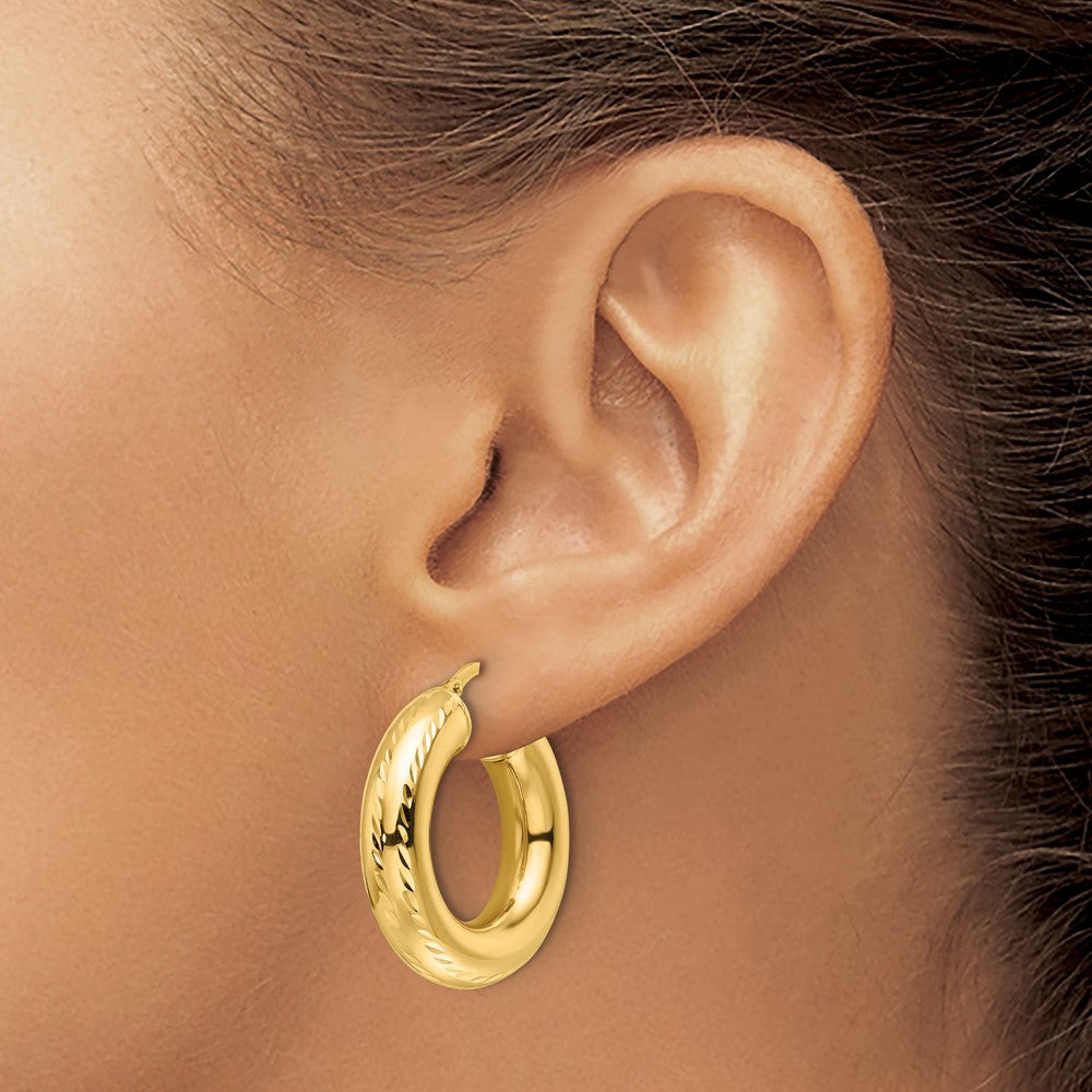 14K Yellow Gold 6x27mm Polished Diamond-cut Round Tube Hoop Earrings