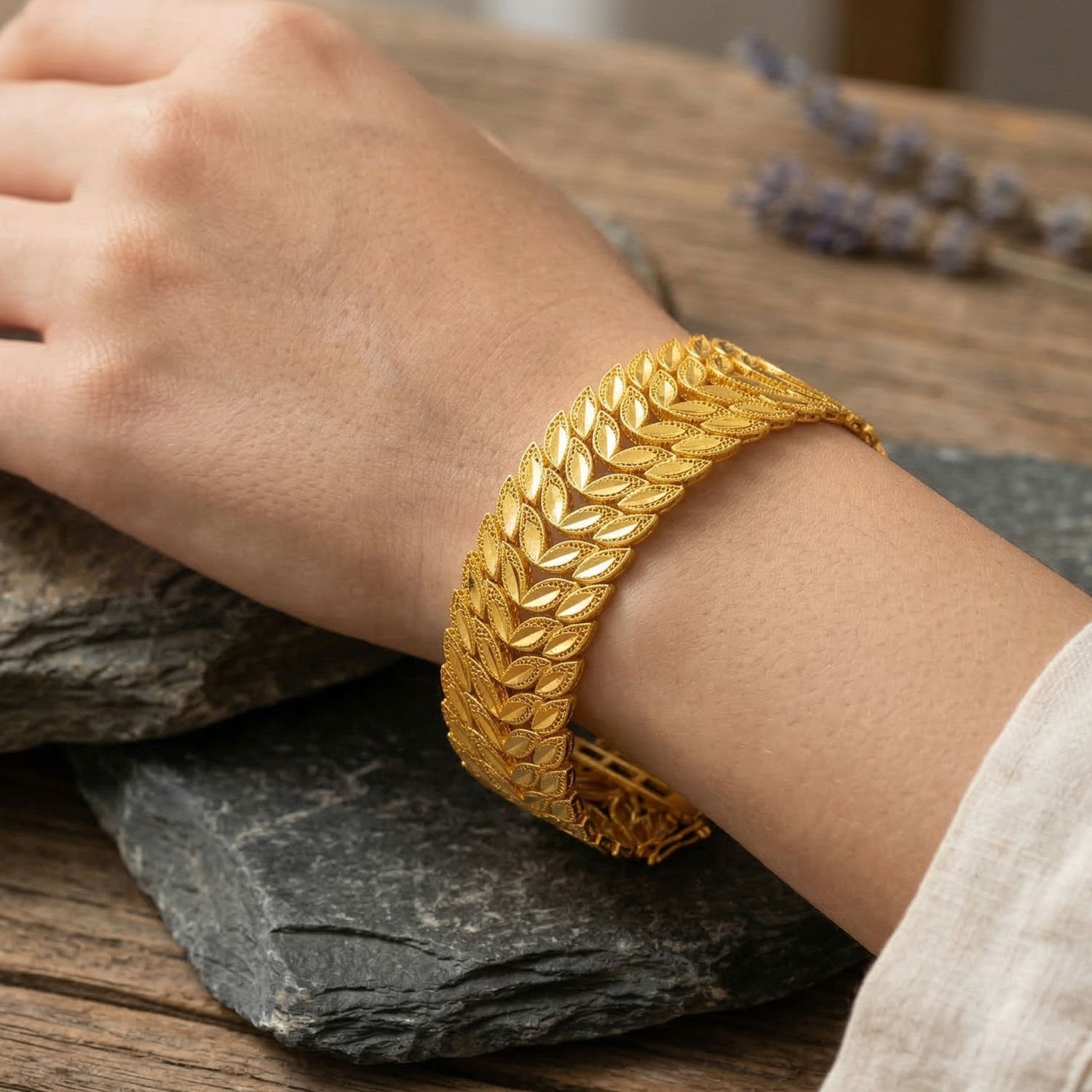 14K Yellow Gold Wheat Hinged Cuff Bracelet