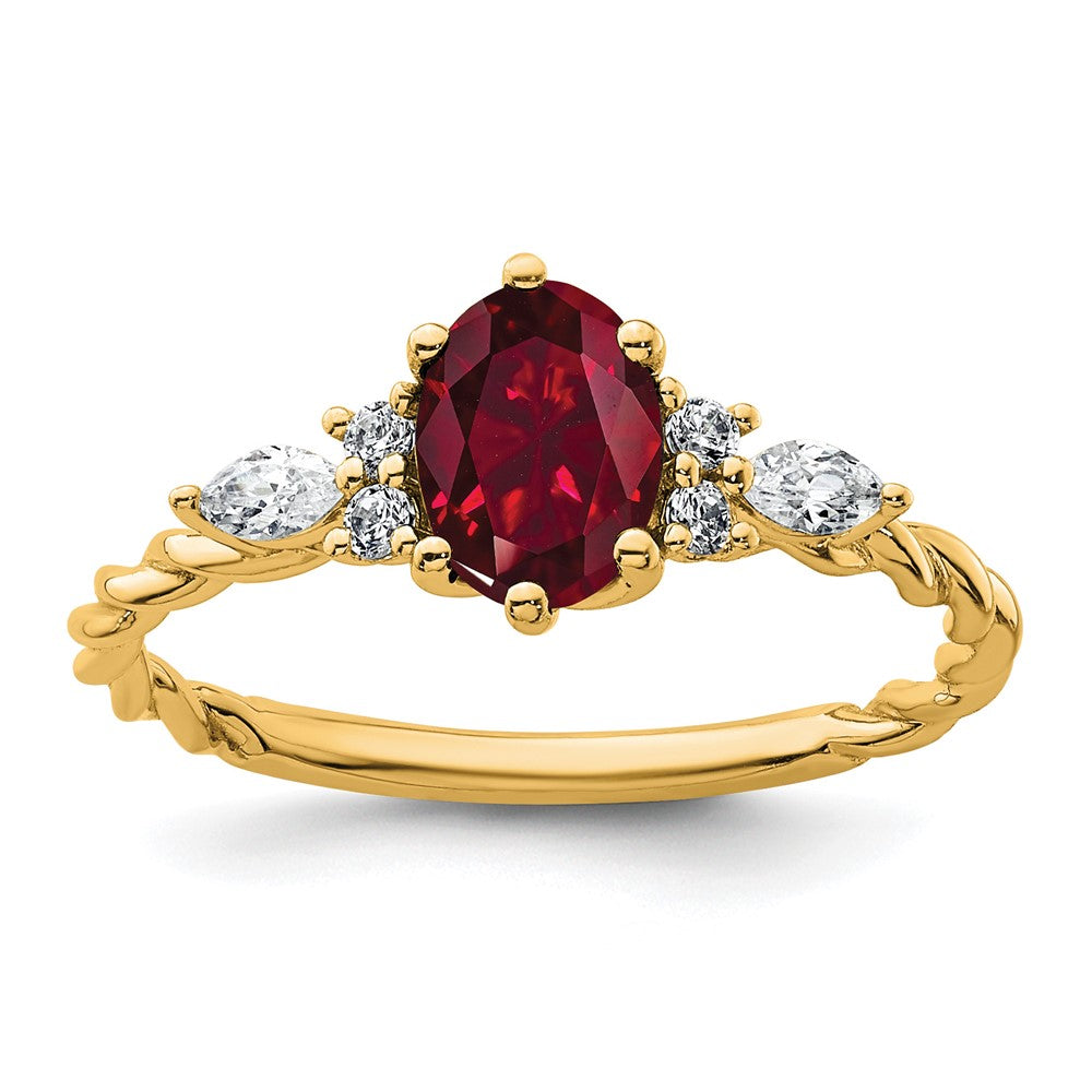 14K Yellow Gold Diamond and 7x5 Oval July/Lab Created Ruby Size 7 Twisted Ring