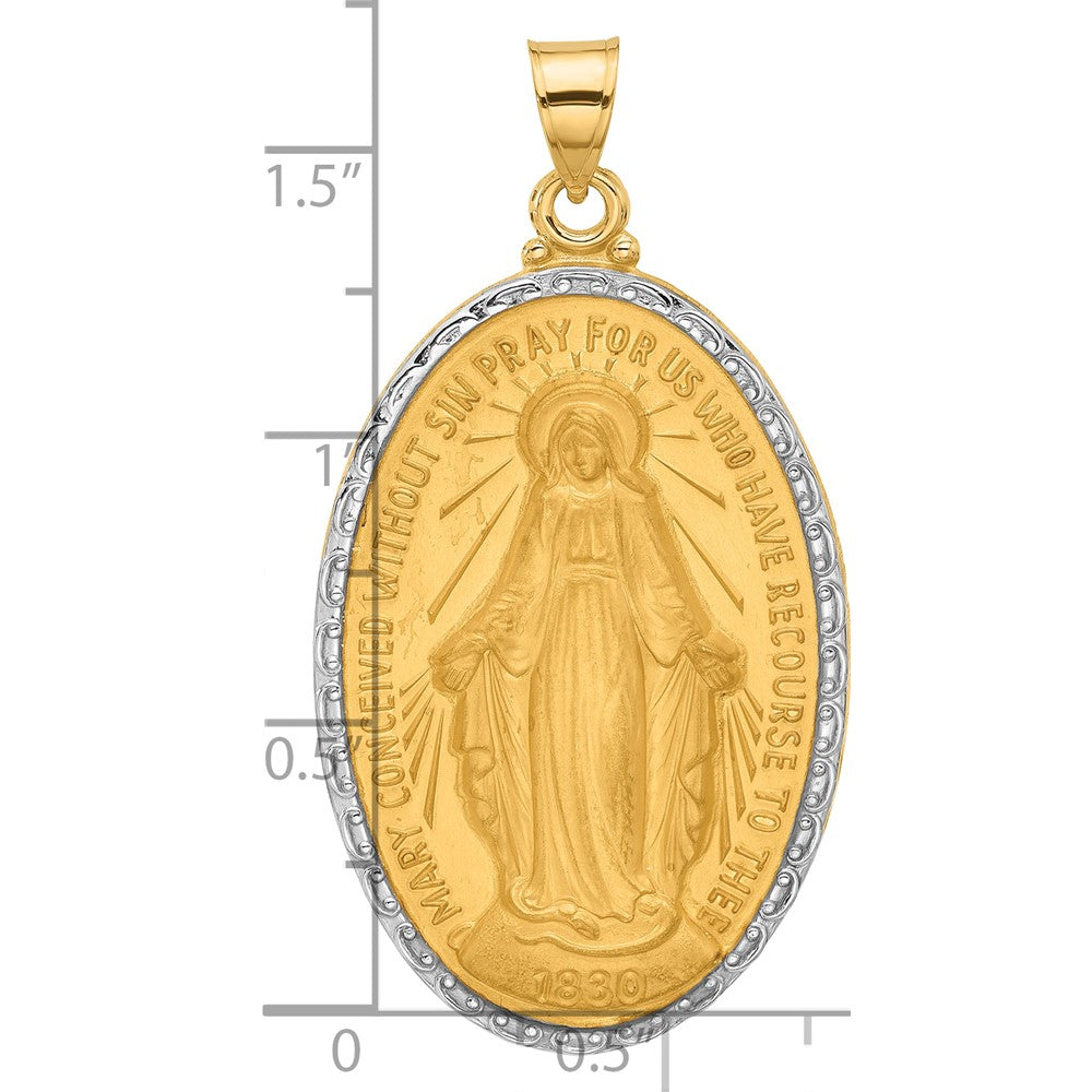 14K Yellow Gold and Rhodium Polished and Satin Solid Large Miraculous Medal Oval Pendant