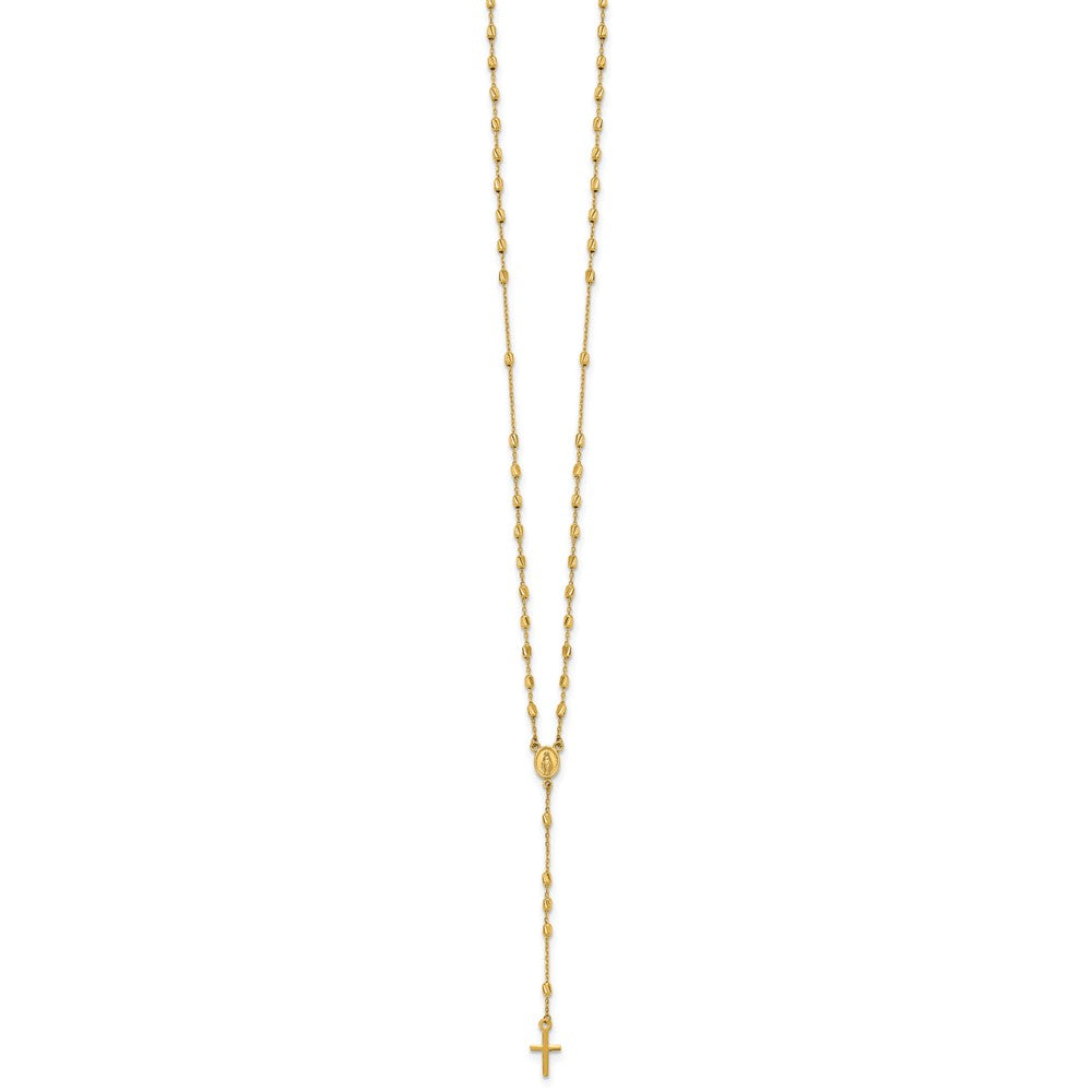 14K Yellow Gold Polished Cross and Miraculous Medal Diamond-cut Beaded 16.75 Inch Rosary Necklace with 2 Inch Extender