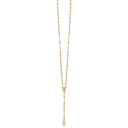 14K Yellow Gold Polished Cross and Miraculous Medal Diamond-cut Beaded 16.75 Inch Rosary Necklace with 2 Inch Extender