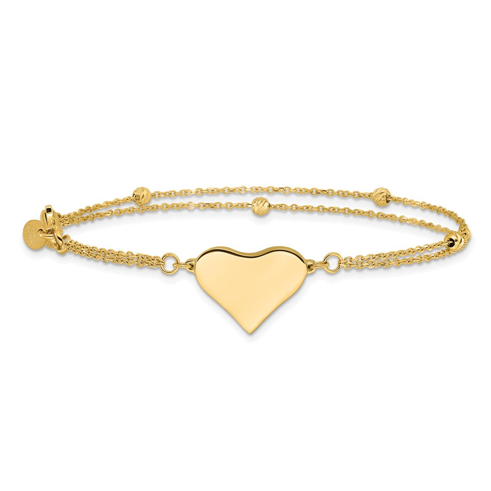 14K Yellow Gold Polished 11x18mm Heart and Diamond-cut Beaded 2-Strand Chain Bracelet