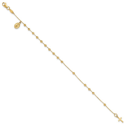14K Yellow Gold Polished and Diamond-cut Miraculous Medal and Cross 7.5 Inch Rosary Bracelet