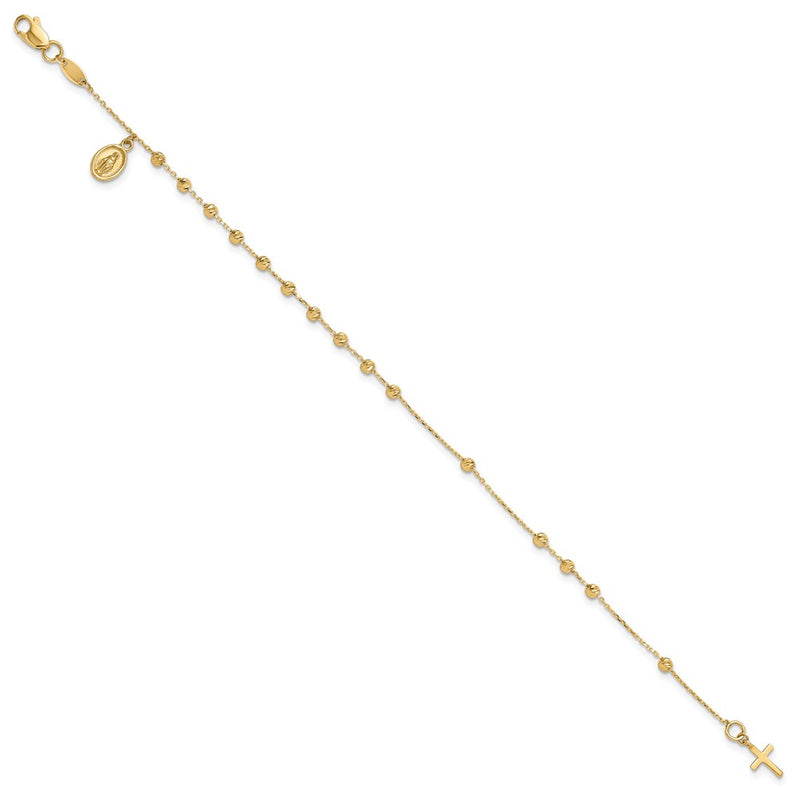 14K Yellow Gold Polished and Diamond-cut Miraculous Medal and Cross 7.5 Inch Rosary Bracelet