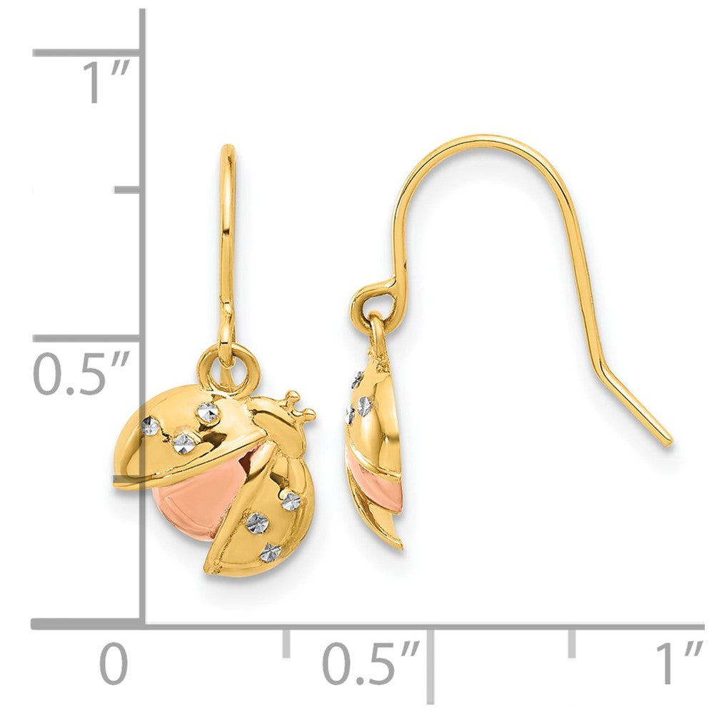 14K Yellow Gold with and Rhodium Diamond-cut Ladybug Dangle French Hook Earrings