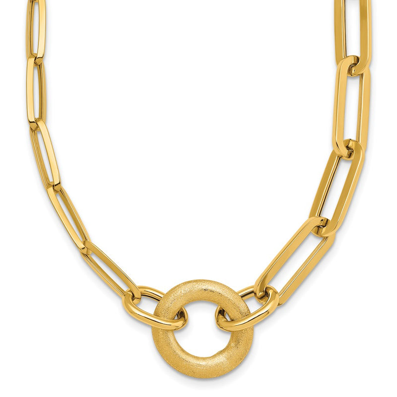 14K Yellow Gold Polished And Brushed Paperclip Link With Circle 18 Inch Necklace