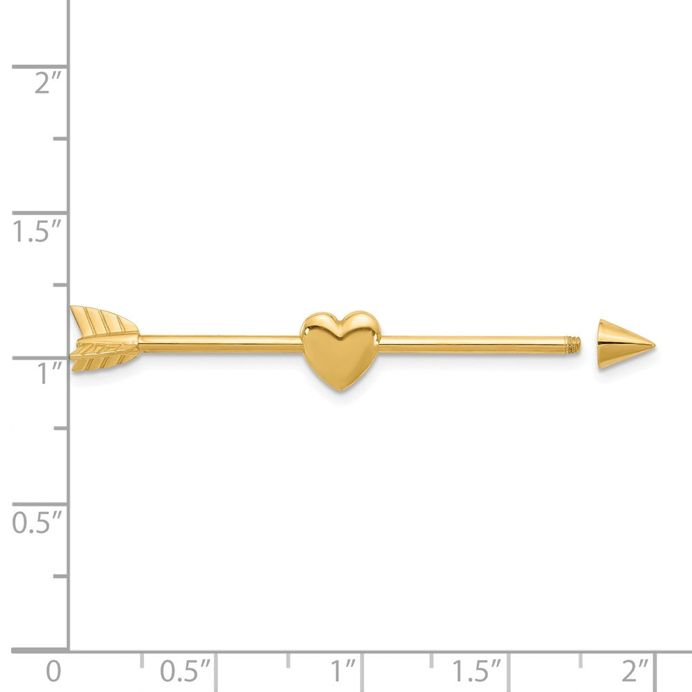 14K Yellow Gold 14 Gauge Polished Arrow with Heart Industrial Body Jewelry
