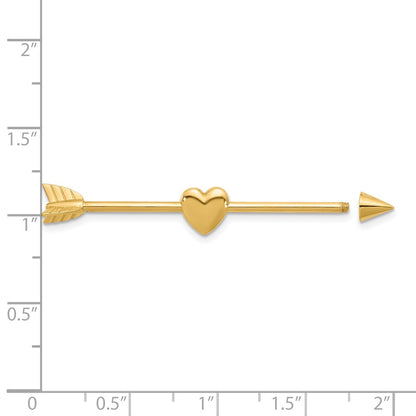 14K Yellow Gold 14 Gauge Polished Arrow with Heart Industrial Body Jewelry