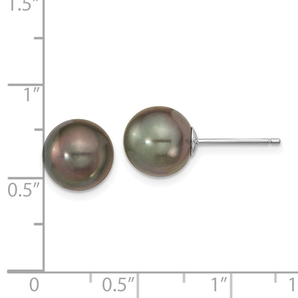 14K White Gold 9-10mm Black Round Tahitian Saltwater Cultured Pearl Post Earrings