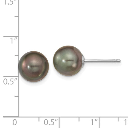 14K White Gold 9-10mm Black Round Tahitian Saltwater Cultured Pearl Post Earrings