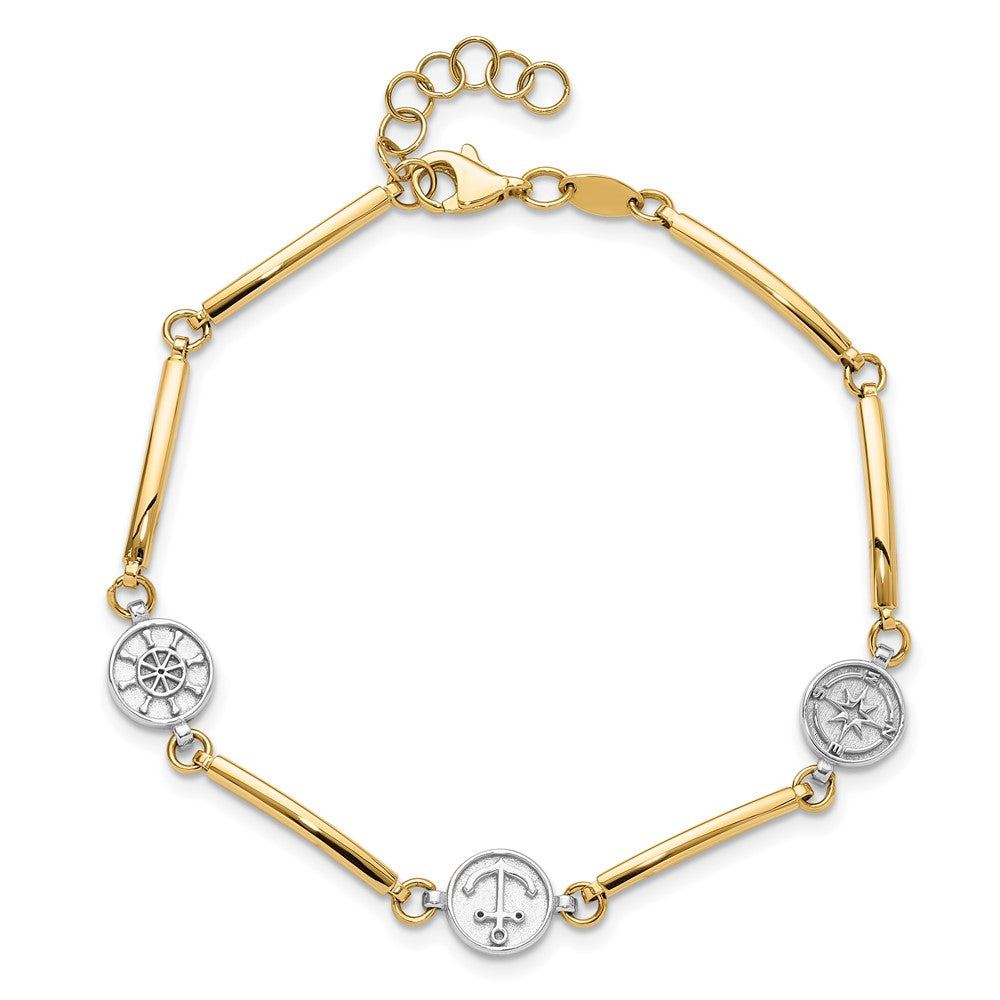 14K Two-Tone Gold Two-tone Polished Compass/Anchor/Ships Wheel 7 Inch Bracelet Plus 1 Inch Extender