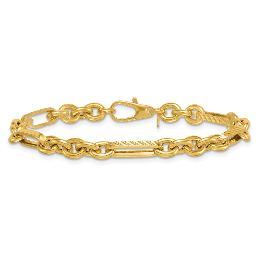 14K Yellow Gold Polished and Textured 4.9mm Oval and Round Link Chain Bracelet
